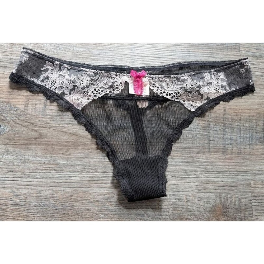 VICTORIA'S SECRET BLACK PINK SHEER MESH LACE Thong PANTIES Large